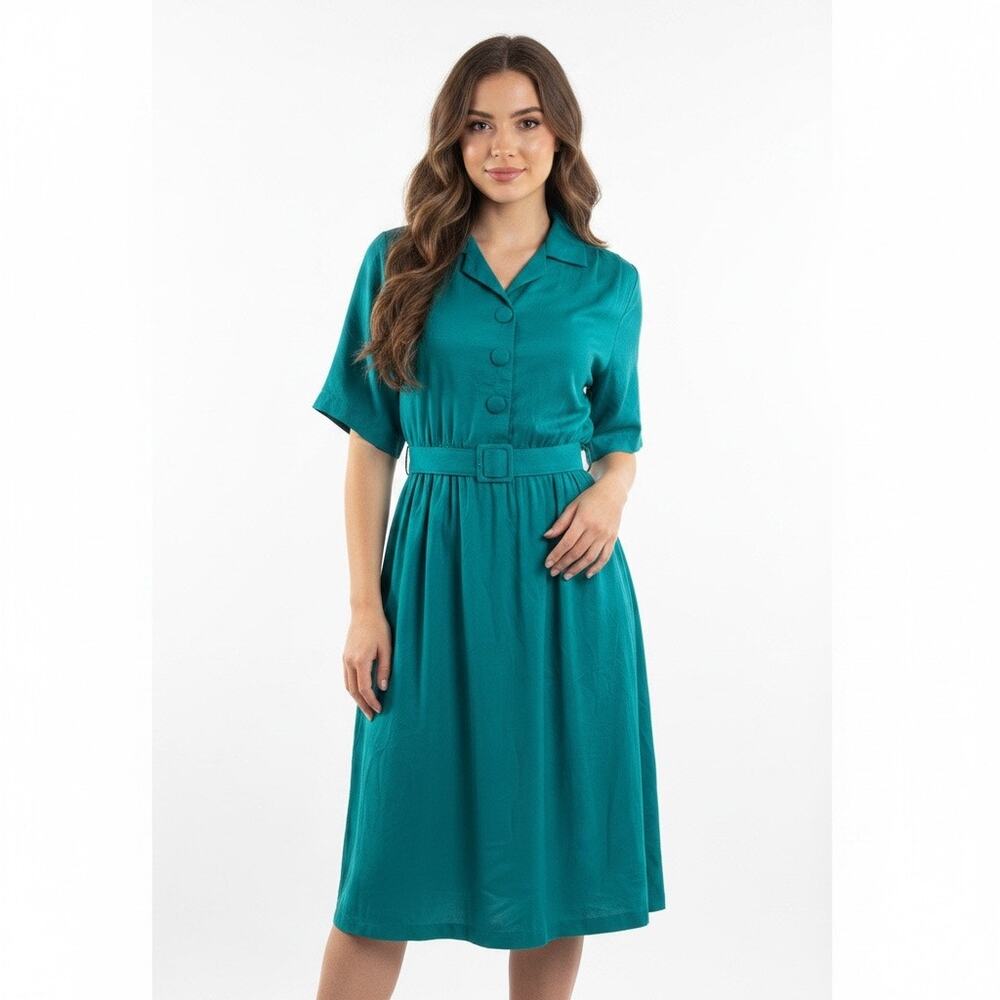 Vintage Pellini Petites Van Bramlett Teal Belted Shirt Midi Dress  9/10P Office